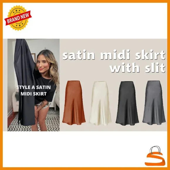 Satin Silk High Waist Slit Midi Skirt Elastic Waistband Flowy - Picture 8 of 8